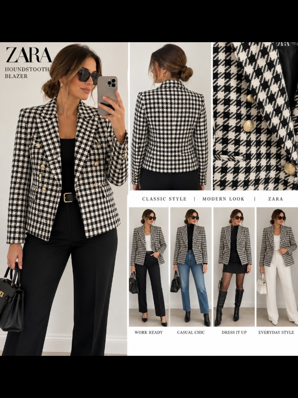 Zara Black & White Houndstooth Double-Breasted Blazer